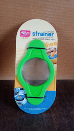 Full angled view of stainless steel mesh strainer with dual handles
