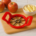 Quickslice Apple Cutter shown with a perfectly sliced apple, demonstrating its 8-blade design.