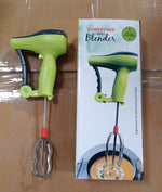 The compact design of the manual hand blender with stainless steel beaters.