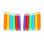 Child's hands stretching a yellow pop tube, demonstrating its flexibility.