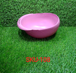 Plastic rice strainer showcased from an angle, highlighting its depth.