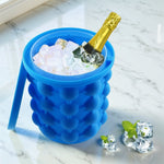 Silicone Ice Cube Maker bucket in blue, filled with ice cubes and ready for use.