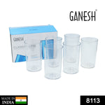 Full view of the Ganesh Classic transparent plastic glasses set, ready for use.