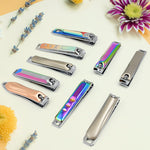 AuriGlam folding nail clippers made from stainless steel, with a sleek, portable design.