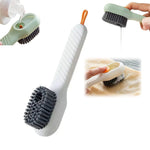 Ergonomic scrubbing brush with dispenser, showing comfortable non-slip handle.