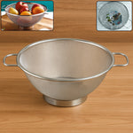 Raised base ring of stainless steel colander ensures effective drainage