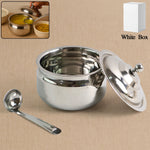 Stainless Steel Ghee Pot with lid and spoon on a white background.