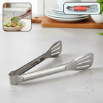 Stainless steel serving tongs with strong, multipurpose grip on a white background