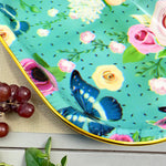 Overview of the rectangular flower printed plastic serving tray.