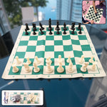Portable chess set with big foldable vinyl board and black and white plastic pieces