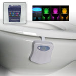 Motion-activated LED Toilet Bowl Light illuminating a toilet with a blue glow.