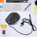 Black Compshop Wired Optical Mouse M-022 with USB cable on a desk.