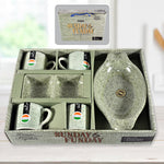 A complete six-piece Ceramic Snack & Tea Set from Serve Stellar, featuring four ceramic cups, a snack platter, and a two-compartment chutney bowl.