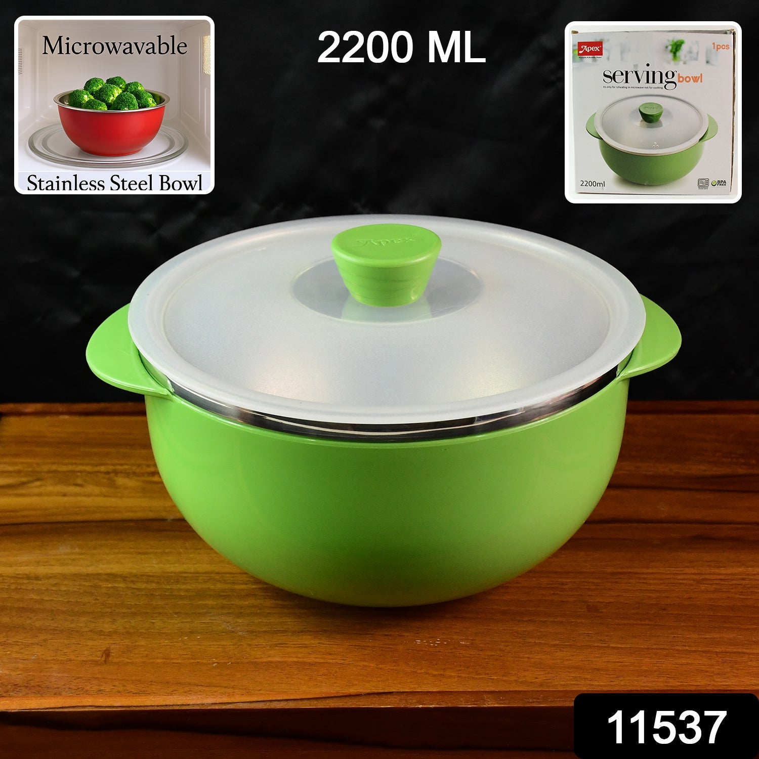 Microwave-safe plastic serving bowl filled with hot food and covered lid