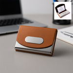 Premium leather business card holder with stainless steel base and brown PU leather