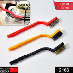 Three different mini wire brushes displayed, highlighting their varied bristle types for household cleaning.