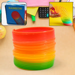 Close-up of a vibrant Rainbow Slinky Toy stretching, showcasing its bright colours.