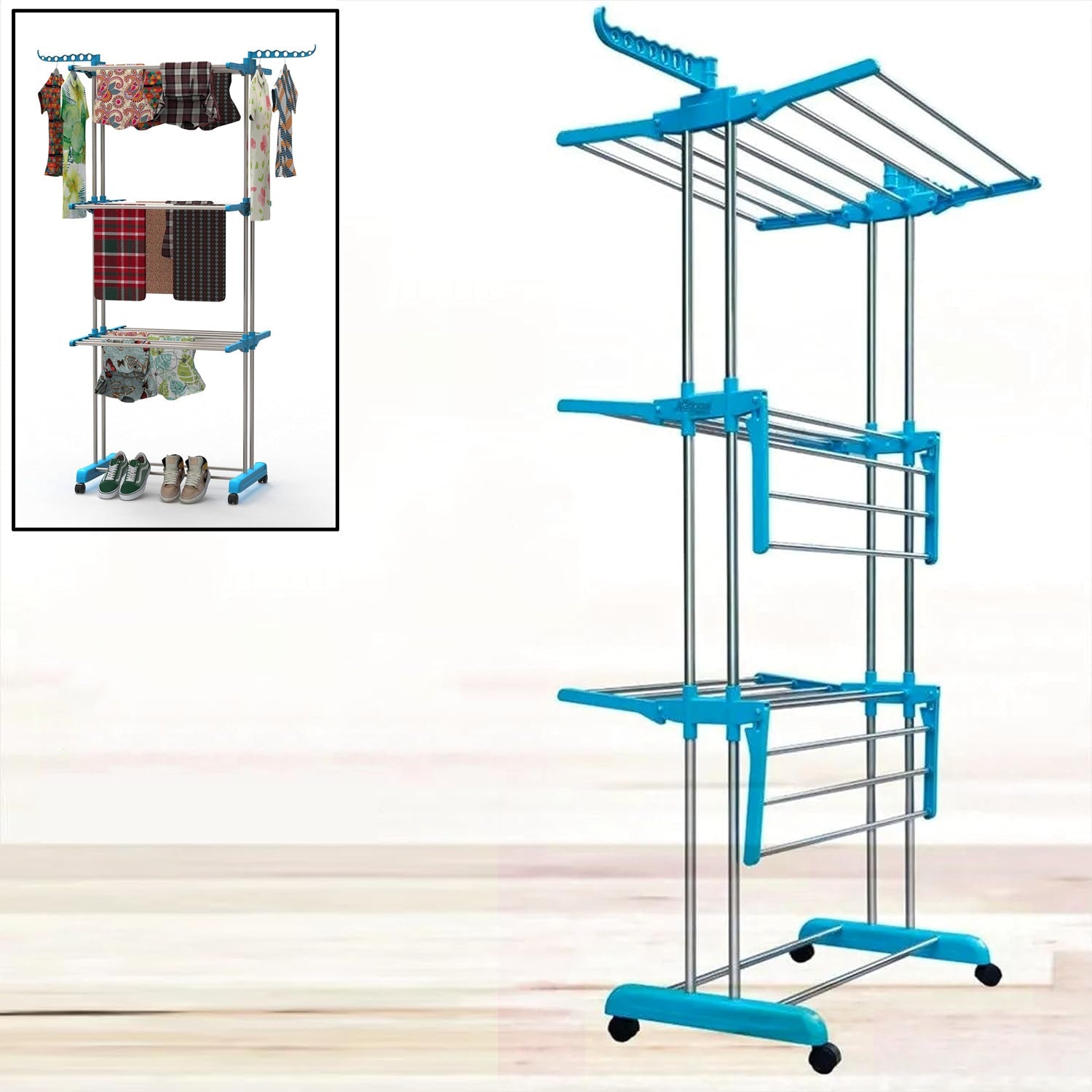 FreshAura 3-layer stainless steel cloth drying stand, fully extended.
