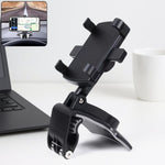 Universal mobile phone holder securely attached to car dashboard with clip mount