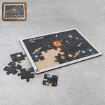 Wooden Solar System Puzzle for kids with labeled planets and space background