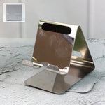 Universal stainless steel mobile and tablet stand holder front view with stable triangular design