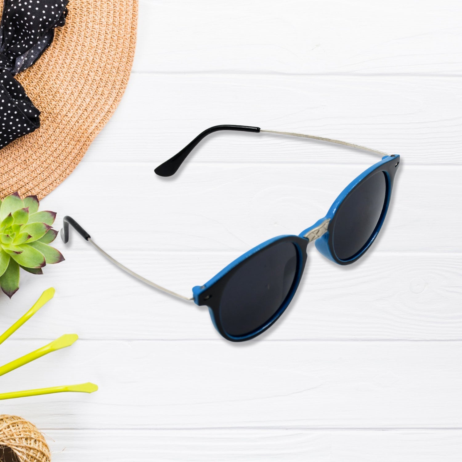 Pair of classic UV Protected Round Sunglasses displayed, highlighting their lightweight build for everyday wear.