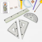 4-piece geometry set with transparent triangle ruler and protractor for precise measurement
