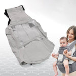 Ergonomic baby carrier with hip seat in a neutral color, front view.