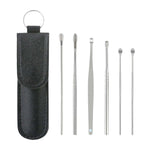 The comprehensive ear wax cleaner kit displayed with its elegant black leather travel pouch.