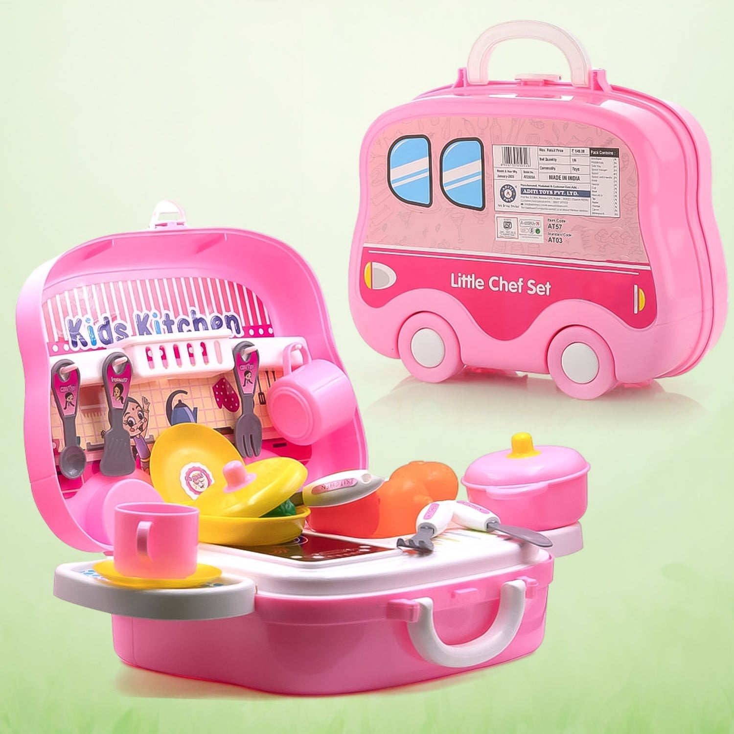 Happy children playing with the 23-piece portable kids kitchen play set
