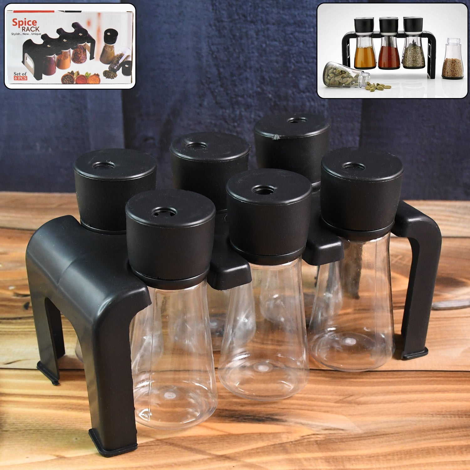 6-piece plastic spice jar set on sleek stand for kitchen organization