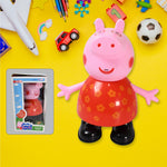 A child's hand interacting with the movable legs of the cheerful pig play toy.