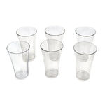 Stack of clear plastic juicy glasses, showcasing their lightweight design.