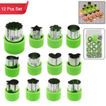 Complete 12-piece stainless steel cookie cutter set with various shapes for baking.