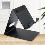 Universal metal mobile and tablet stand holder placed on desk for hands-free use