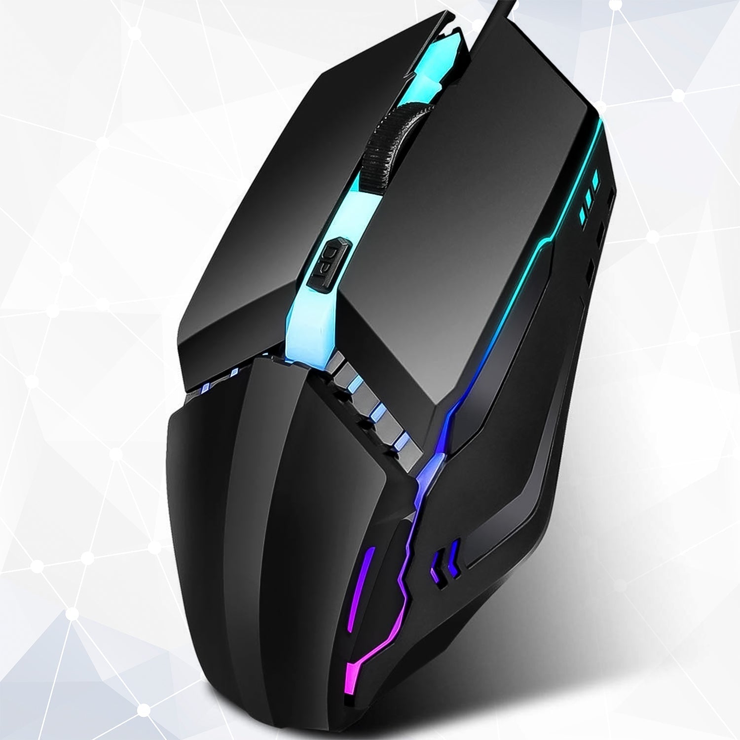 Ergonomic Wired Gaming Mouse with vibrant RGB lighting on a dark surface.