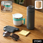 Travel essentials combo set displaying insulated bottle and stylish sunglasses