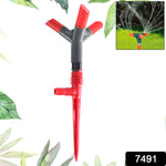 Side view of the efficient 3 arm rotating garden sprinkler with nozzles.