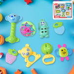 Vibrant 8-piece non-toxic Baby Rattle & Teething Set displayed