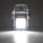 Portable electric lighter with 3-mode COB flashlight illuminating a dark area.