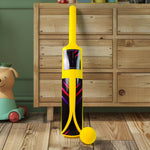 Close-up of the durable plastic cricket bat and ball from the set.