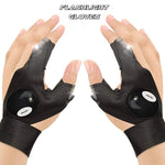 Outdoor flashlight gloves in use, brightly illuminating a path during a night hike.