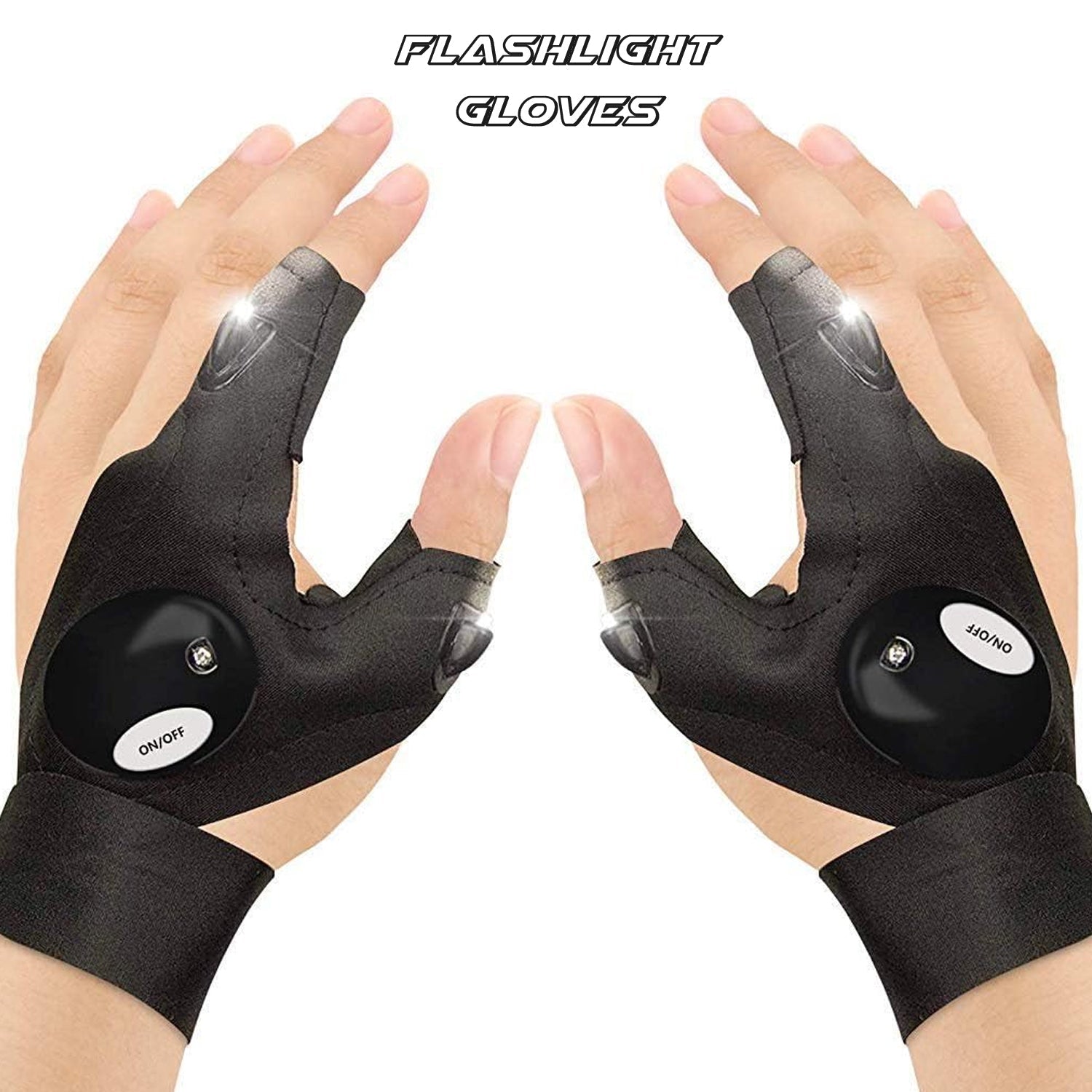 Outdoor flashlight gloves in use, brightly illuminating a path during a night hike.