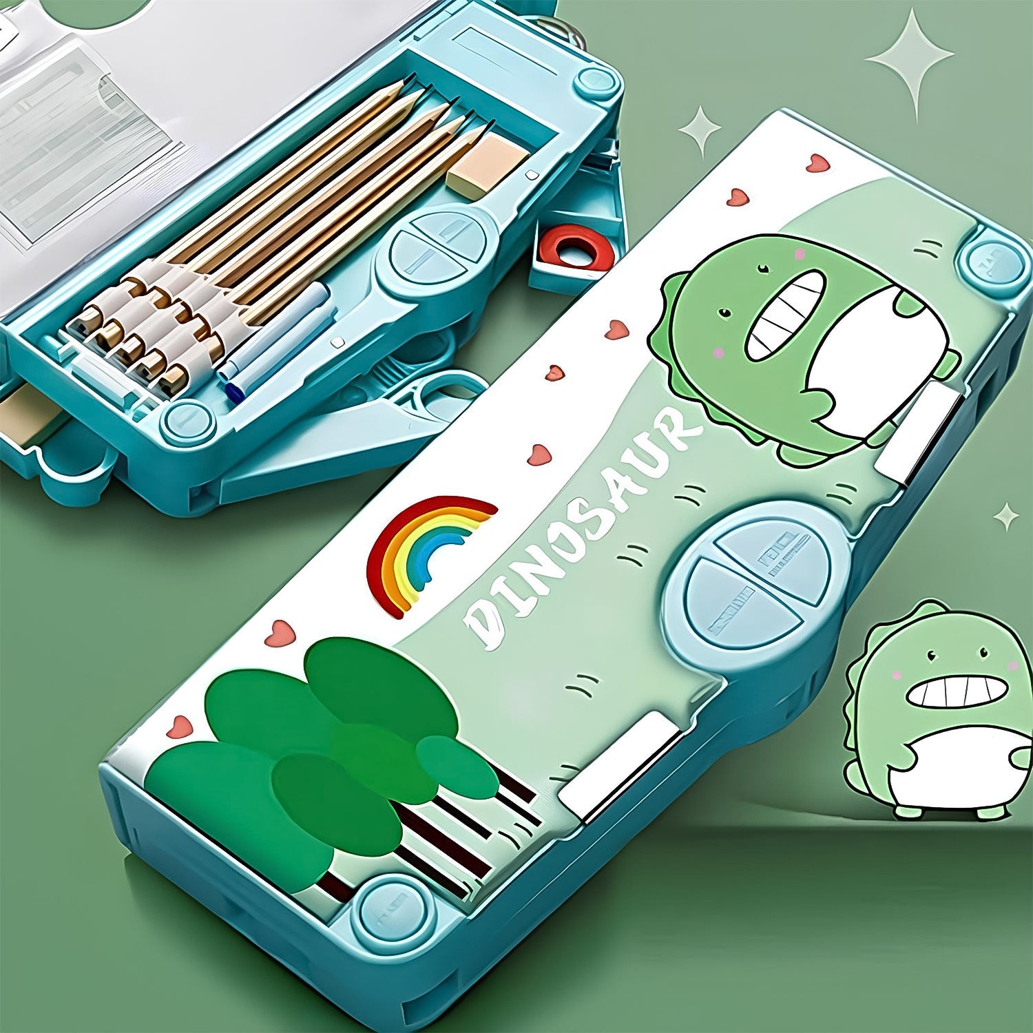 Magnetic pencil box with space theme design for kids, closed view.