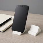 Two-piece compact mobile phone holder stands arranged on flat surface
