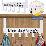 White over door hook rack featuring six hooks with playful panda cartoon design