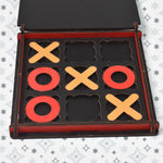 Side view of the compact wooden Tic Tac Toe game, highlighting its portability.