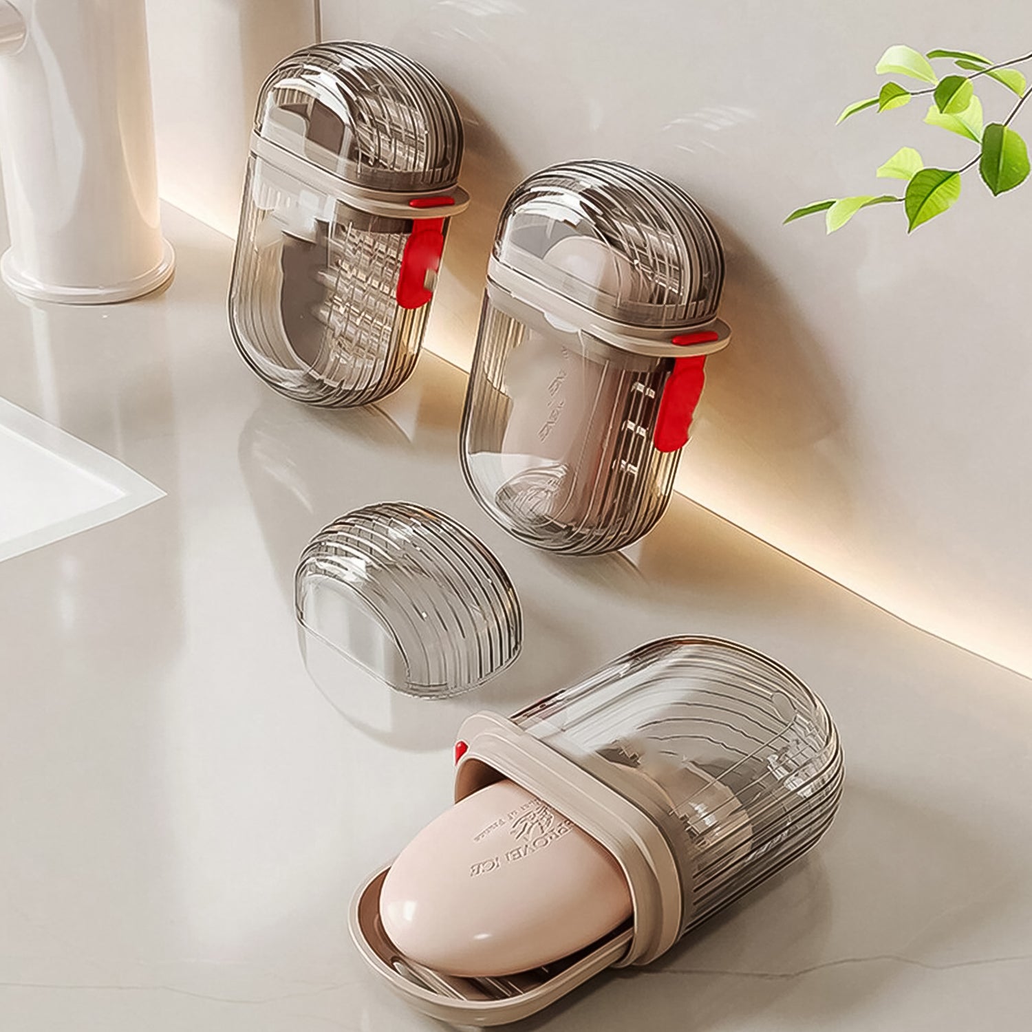 Clear plastic travel soap dish with a secure lid, perfect for toiletries.