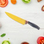 Yellow coated stainless steel blade close-up of kitchen knife set