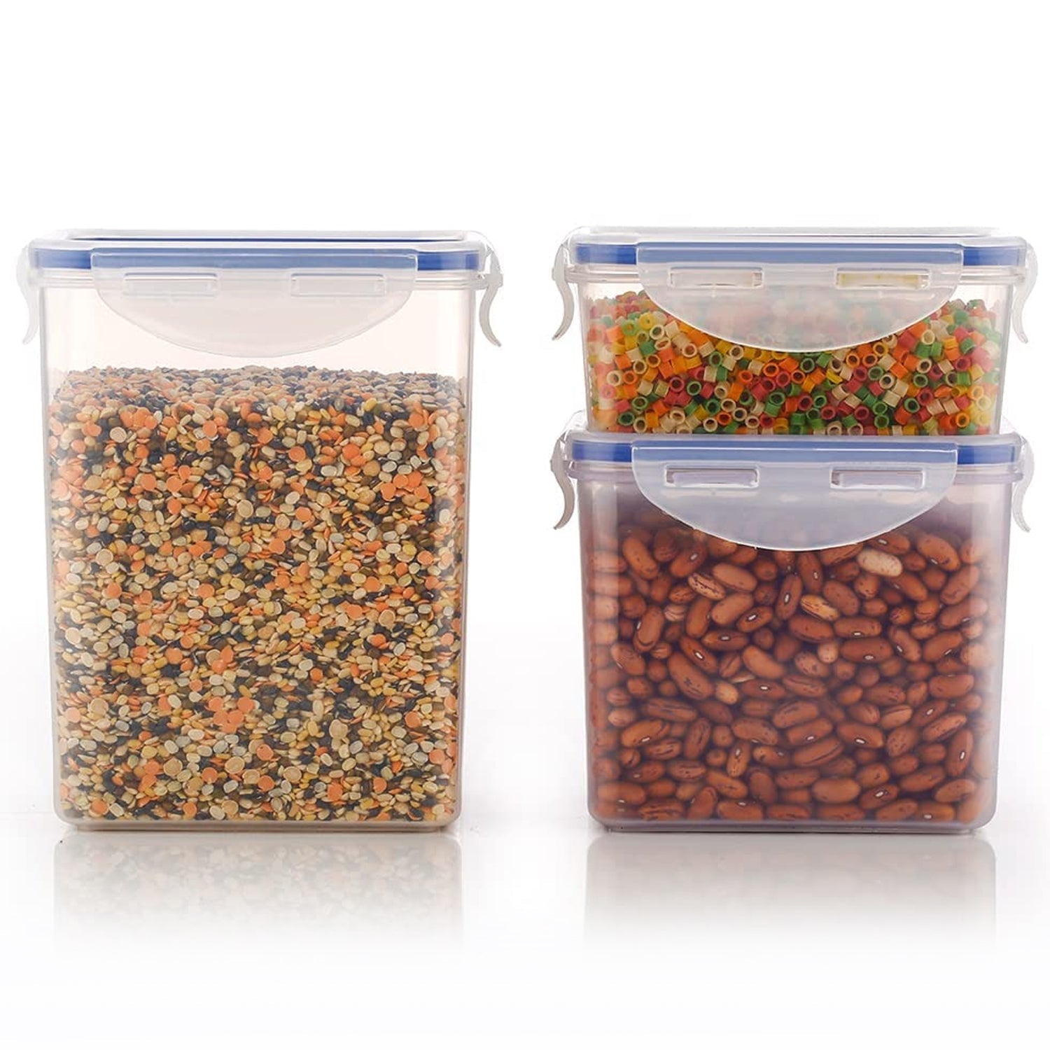 Empty stackable airtight food storage containers ready for use.